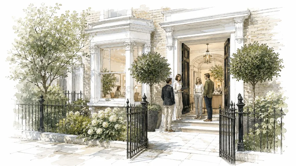 Watercolour illustration of Pantera Property professionals at a classic London townhouse office entrance