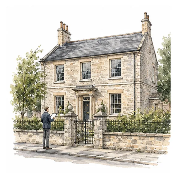 Illustration of a surveyor appraising a traditional stone house